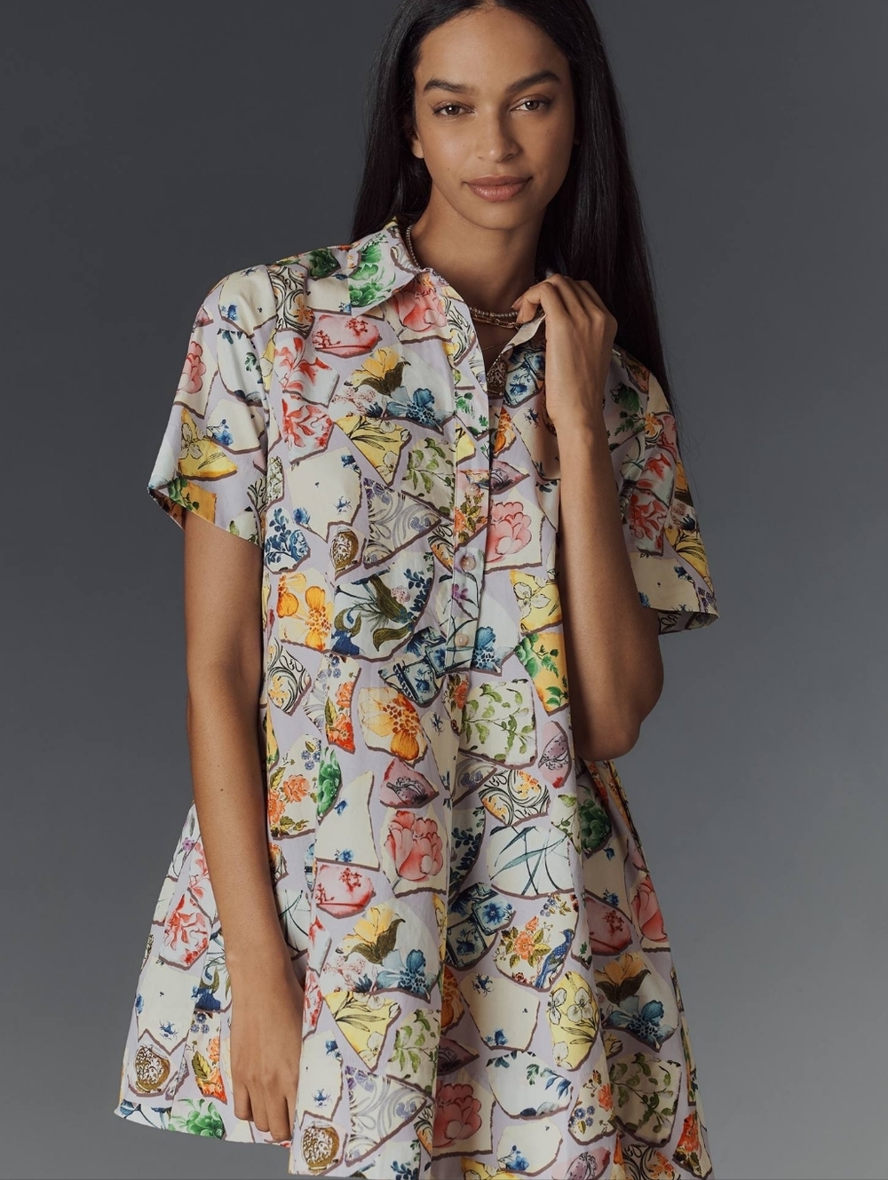 Anthropologie Casual Pastel Floral Short-Sleeve Button-Down Shirt - Multicolor - Picture 4 of 8